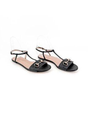Gucci T-Strap Black Leather Horsebit Flat Sandals Shoes Size 37 US 7 Women's